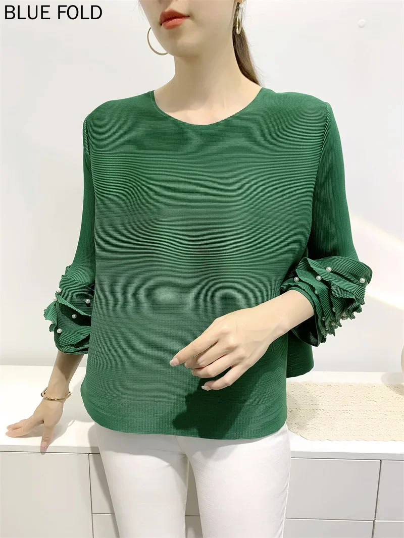 New T-shirt Top Female Nailed Beads Loose Pleated Clothes Toothpick Pleats Comfortable Casual MIYAKE PLEATS Crop Top Blusas