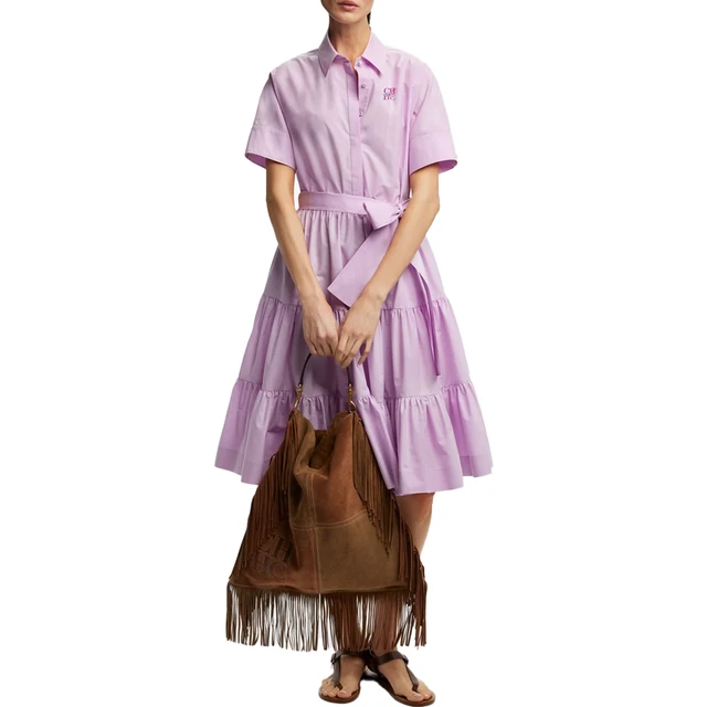 CHCH 2025 Women Dress Summer Office Lady Elegant Long Sleeve Solid Color Shirt Sundress Casual Loose Buttons Lace Up Dress