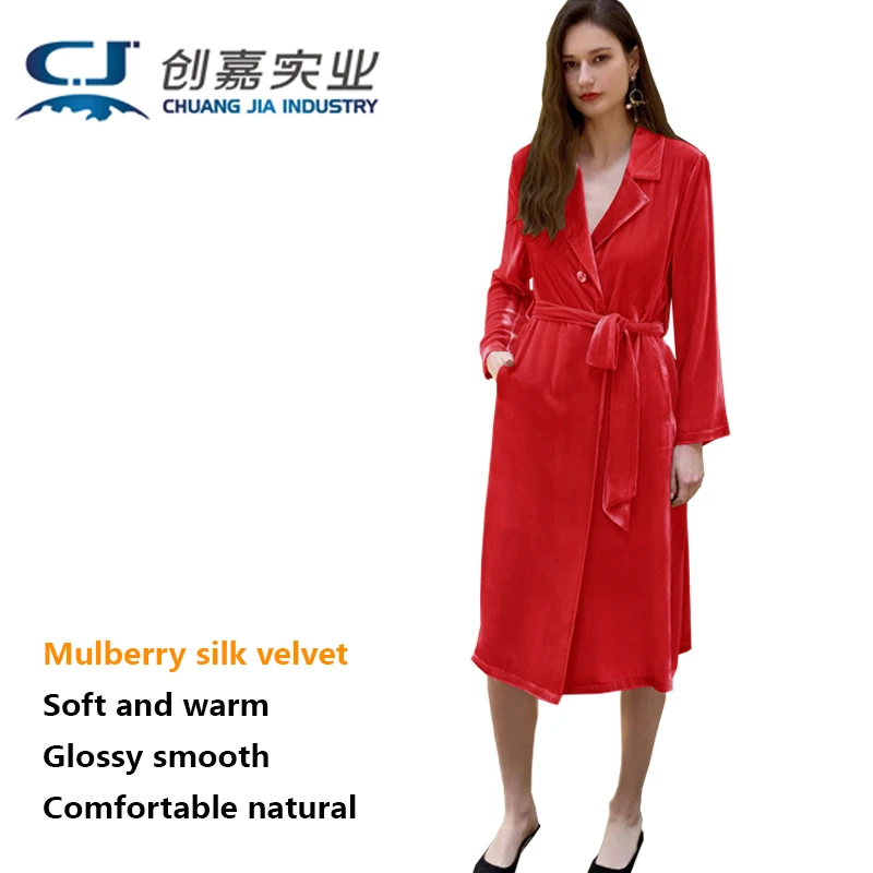 Abrigo largo de terciopelo de seda Mulberry para mujer, temperamento de seda negra, elegante, ligero, de lujo, ropa de ocio al aire libre