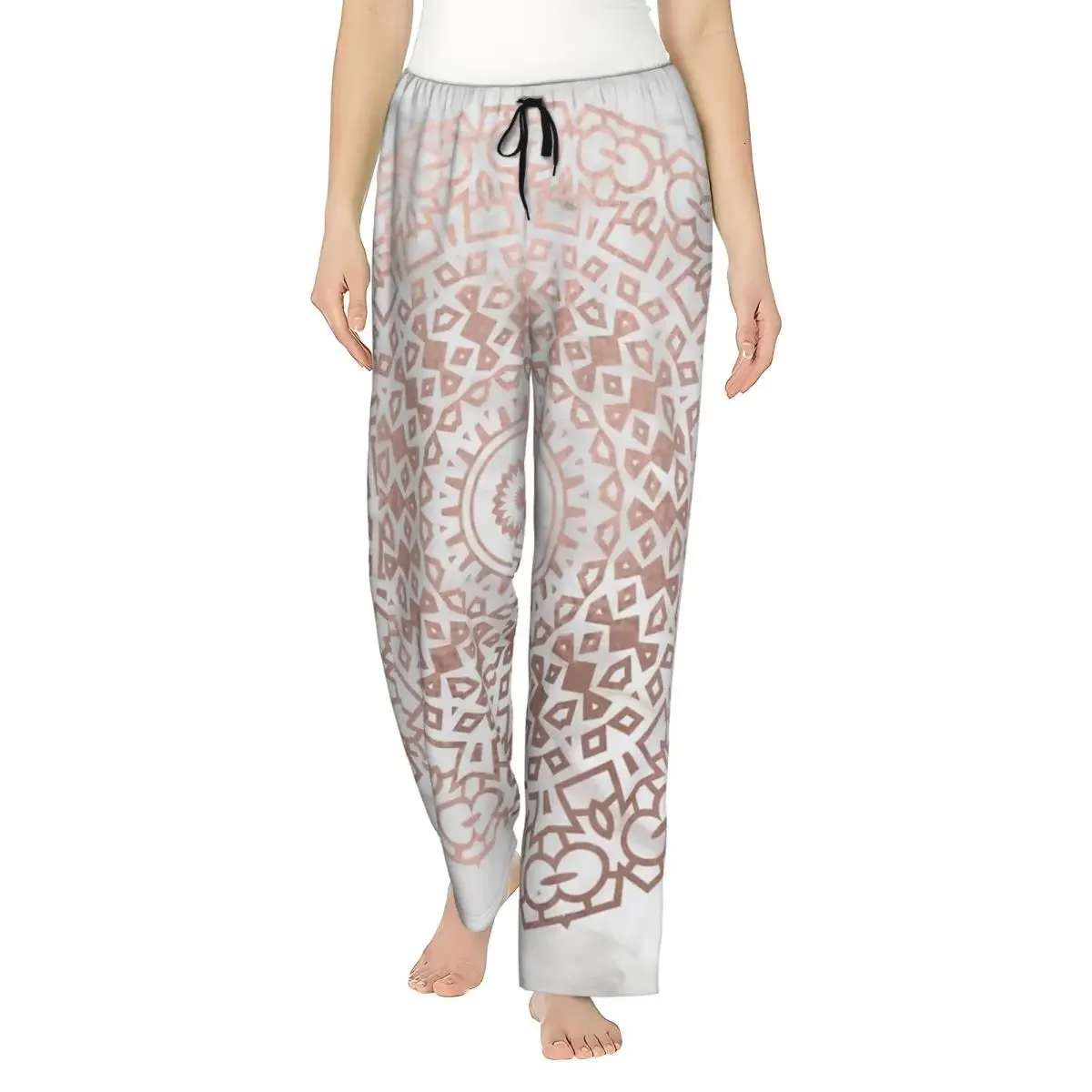 

Женские пижамные брюки с карманами, с мраморным узором мандала, расшитые бисером цвета розового золота на белом фоне, для дома и сна