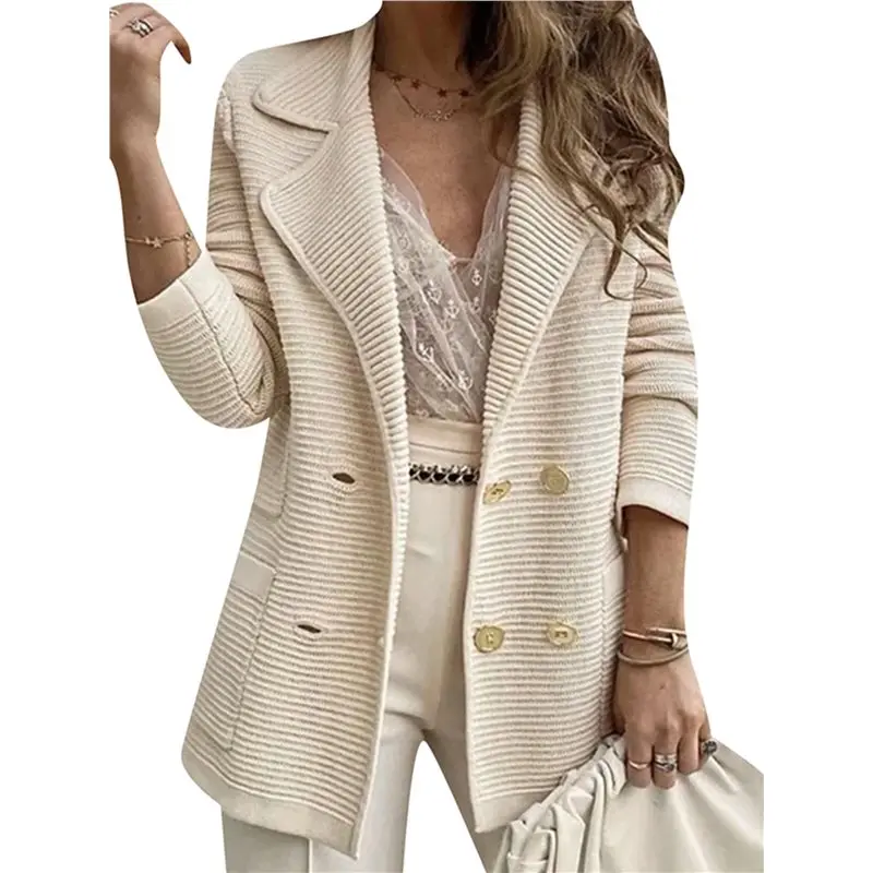 

A24F-Women Long Sleeve Double Breasted Blazer Jackets Lapel Ribbed Open Front Fall Blazer Coats With Pockets