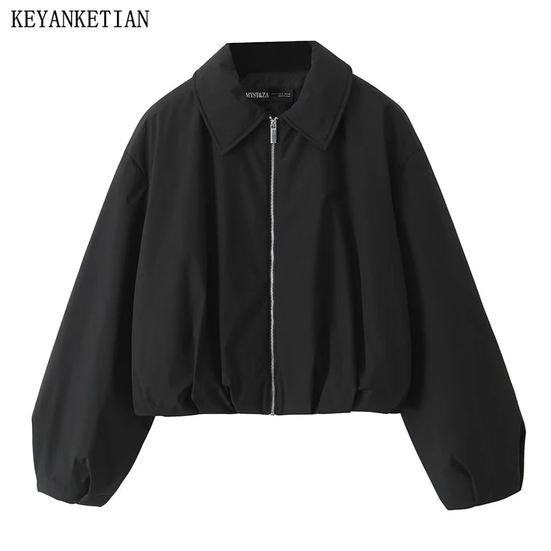 KEYANKETIAN 2024 Autumn/Winter New Women's Black Cotton Jacket Unisex style Pleated Decoration Turn Down Collar Zipper Blazer