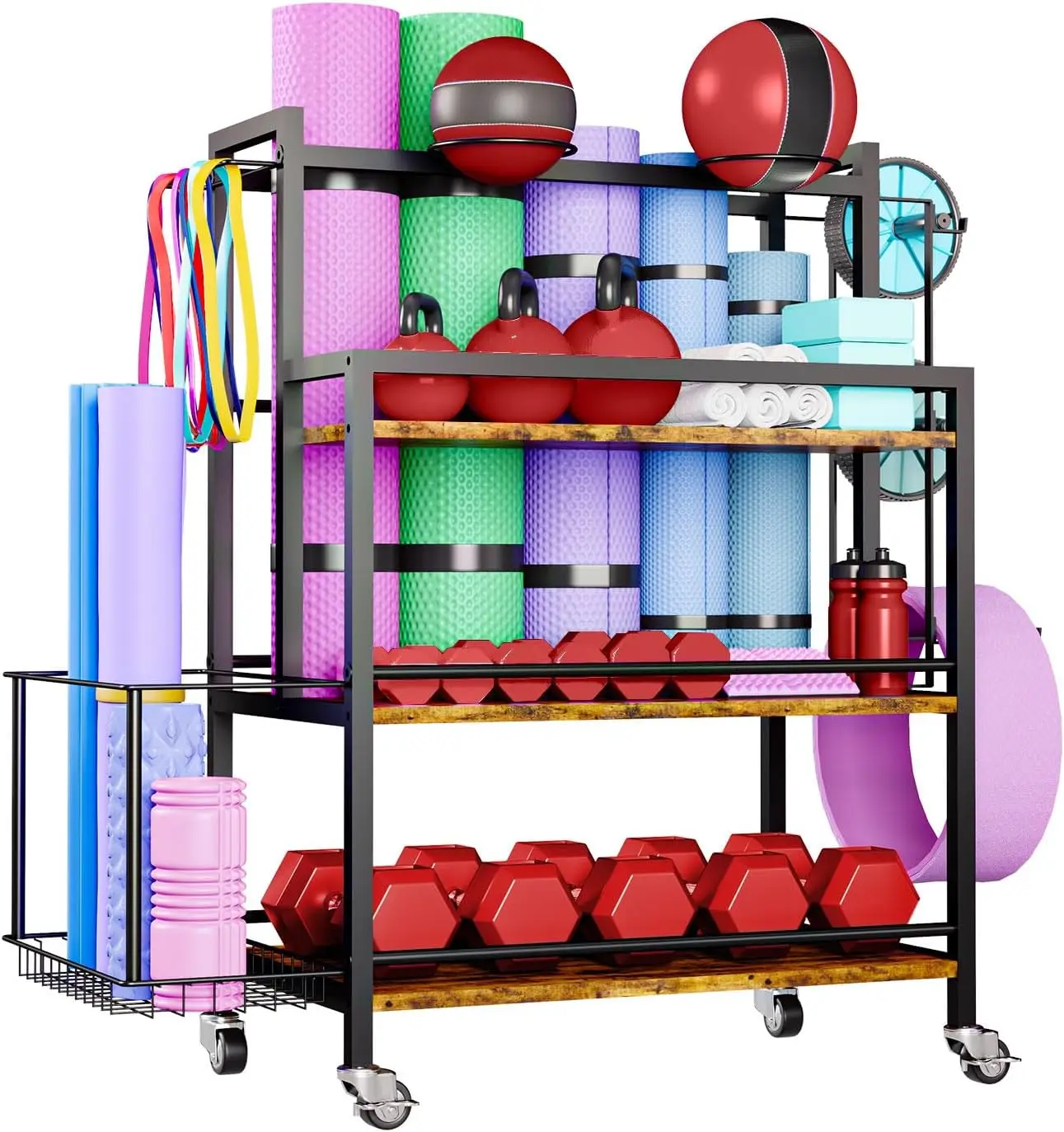 

Gym , 4 Tier Large Capacity Rack for Dumbbells Kettlebells Foam Roller, Yoga Mat Strap and Resistance Bands, Exercise/Workout Eq