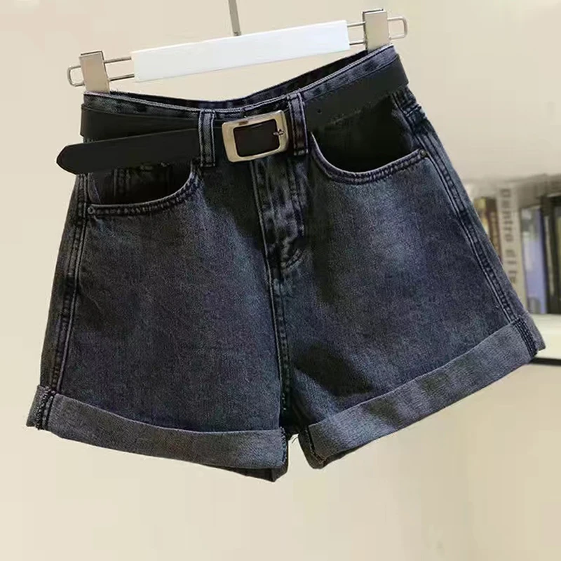 Solid High Waisted Denim Shorts Women's 2024 New Summer Korean Loose Rolled Edge A-line Wide Leg Hot Pants Lady Basic Shorts