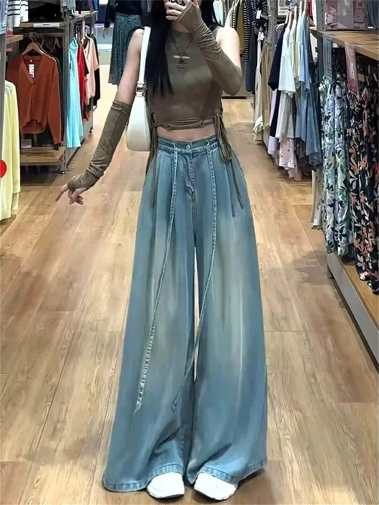 

Женские джинсы с высокой талией и широкими штанинами, тонкие, свободные, стройнящие, из ледяного шелка, струящиеся, осенние брюки свободного кроя, длинные штаны