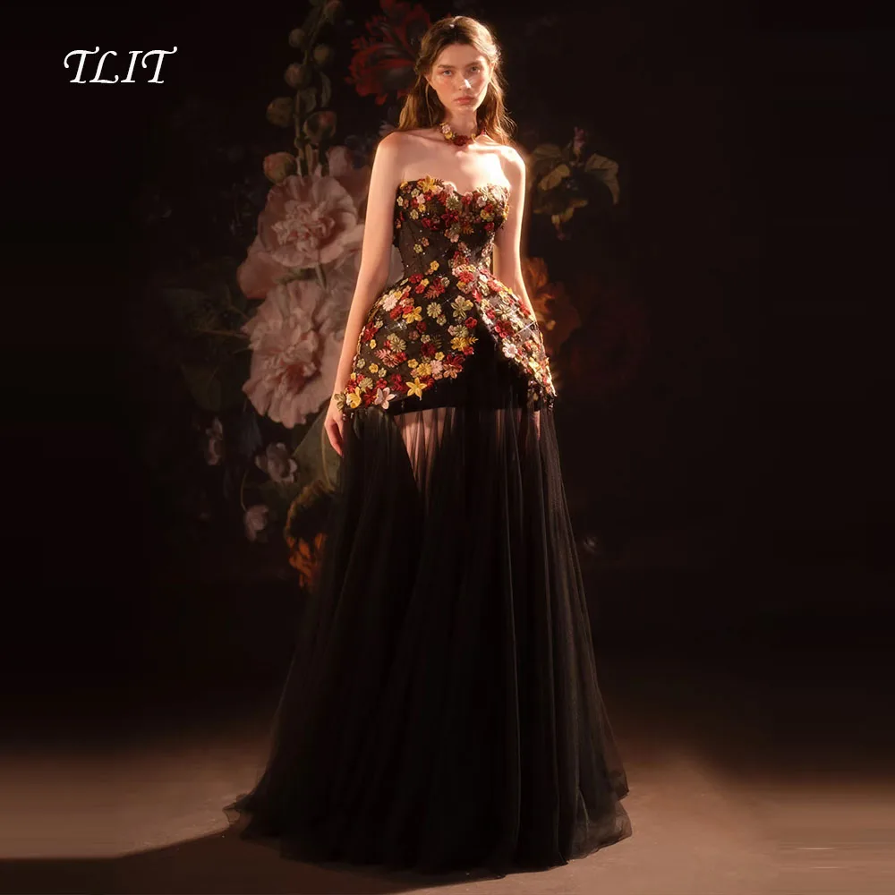 فستان سهرة جميل من الساتان الأسود من TLIT بدون حمالات فستان حفلات صغير ملون على شكل زهور من التول مخصص فيستدوس دي فييستا #1