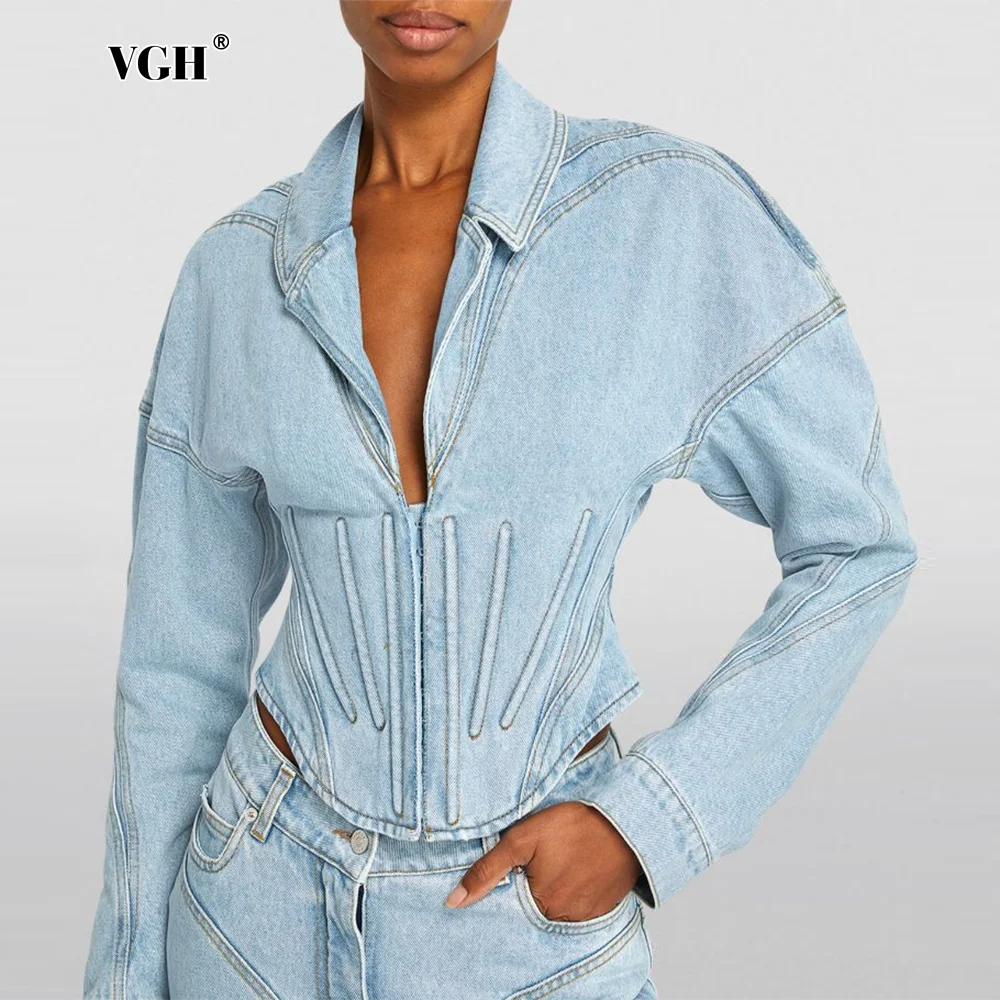 

VGH Streetwear Solid Denim Coats For Women Lapel Long Sleeve Tunic Slimming Minimalist Irregular Jacket Female Fashion New Style