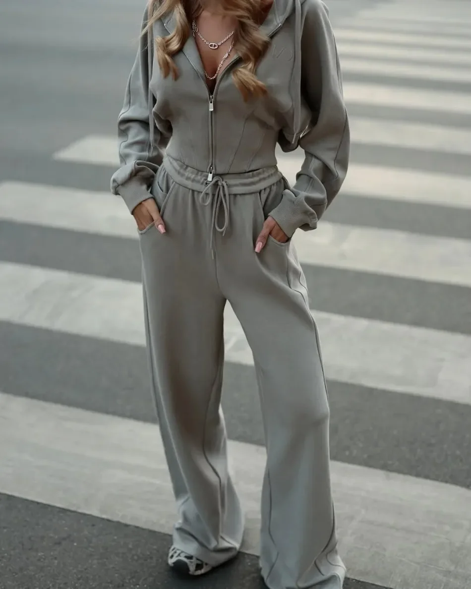 Frühling Herbst Bequemer Freizeitanzug Damen Reißverschluss-Cardigan mit Kapuze Langarm-Sweatshirt und Weite Hose mit Bindebändern Zweiteiliges Set – Detail 6