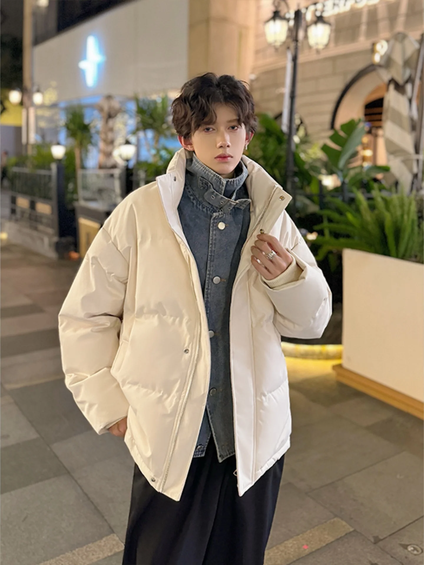 

Denim Patchwork Fake Two-Piece Cotton Jaet for Men High-End Sli Stand Collar Winter Thiened Cotton Coat for Teens