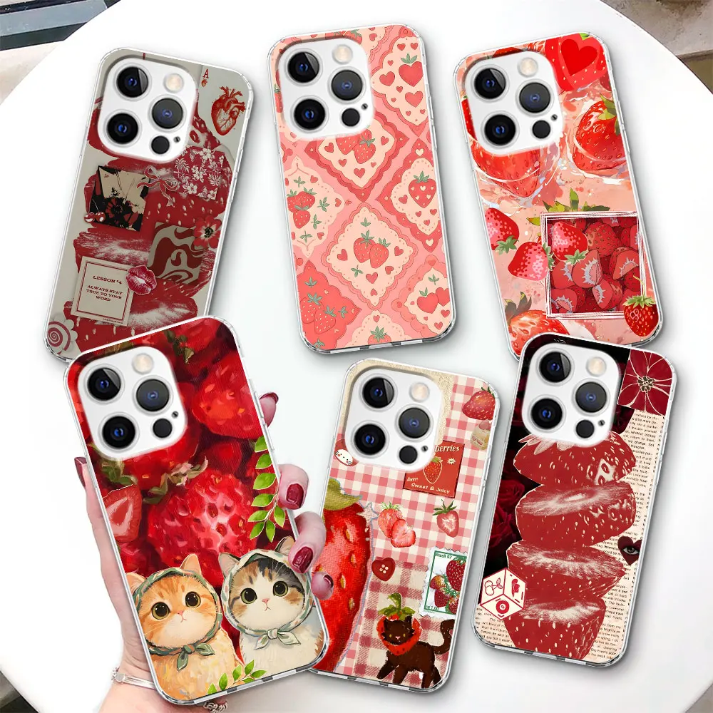 

Милый чехол с рисунком красной клубники для iPhone 17 Air 14 12 15 Pro 7 8 Plus 13 Mini XR X XS Max SE 2022 Прозрачный чехол из ТПУ для телефона