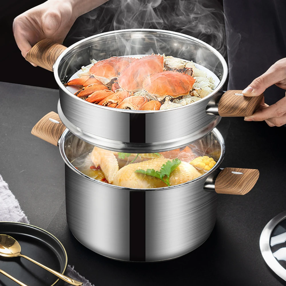 St. Bide Steamer Home Korean Style Double Layer Stainless Steel Steamer Thickened Soup Steamer Dual-purpose Kitchen Pots and Gif