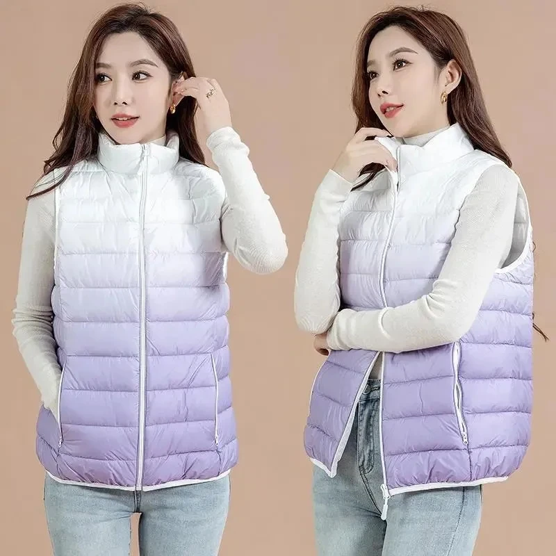 Autumn Winter New Light Thin Standing Collar Down Cotton Vest Women\'s Slim Fashion Sleeveless Warm Gradient Waistcoat Female