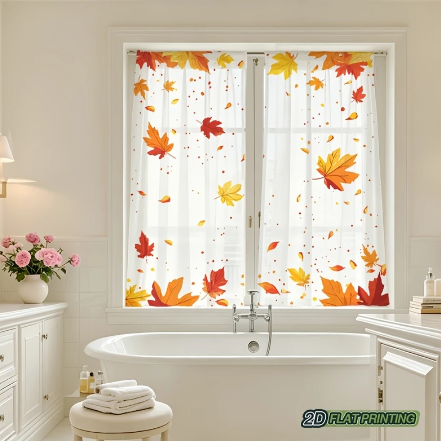 2PCS Digital Print Sheer Curtain, Wind Blowing Leaves, Autumn Fall Seasonal - Voile Drapes for Bedroom Living Room Decor