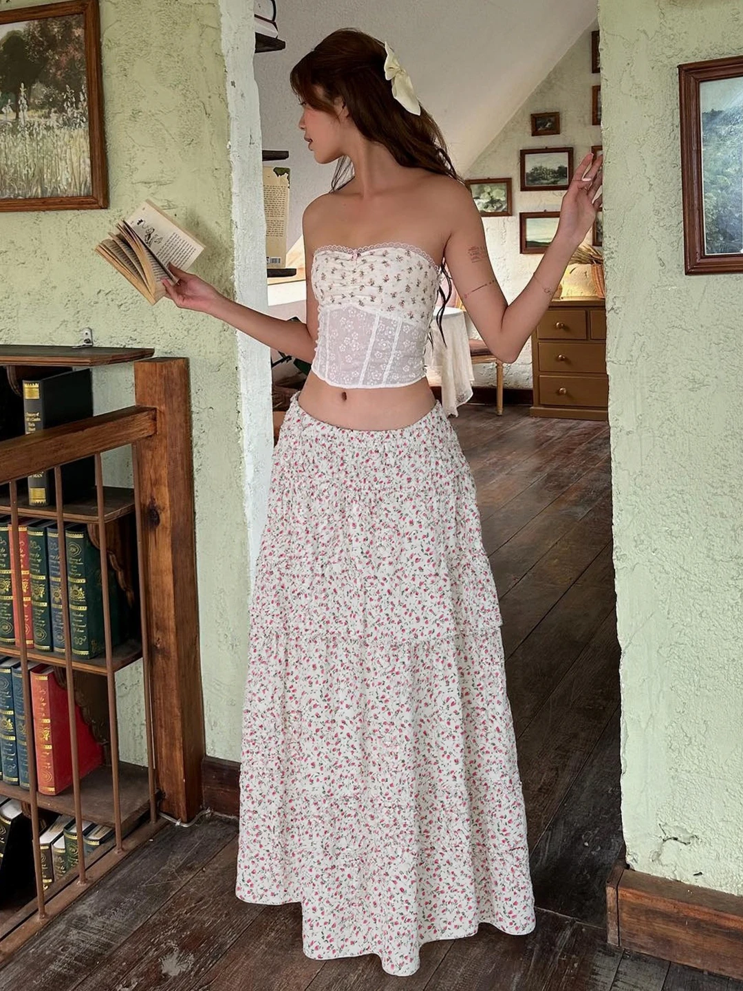 

WEEKEEP Holiday Floral Print A-Line Skirt Loose Fit Splice Design Teen Girl's Fashion Polyester Nylon Elastic Fiber Long Skirt