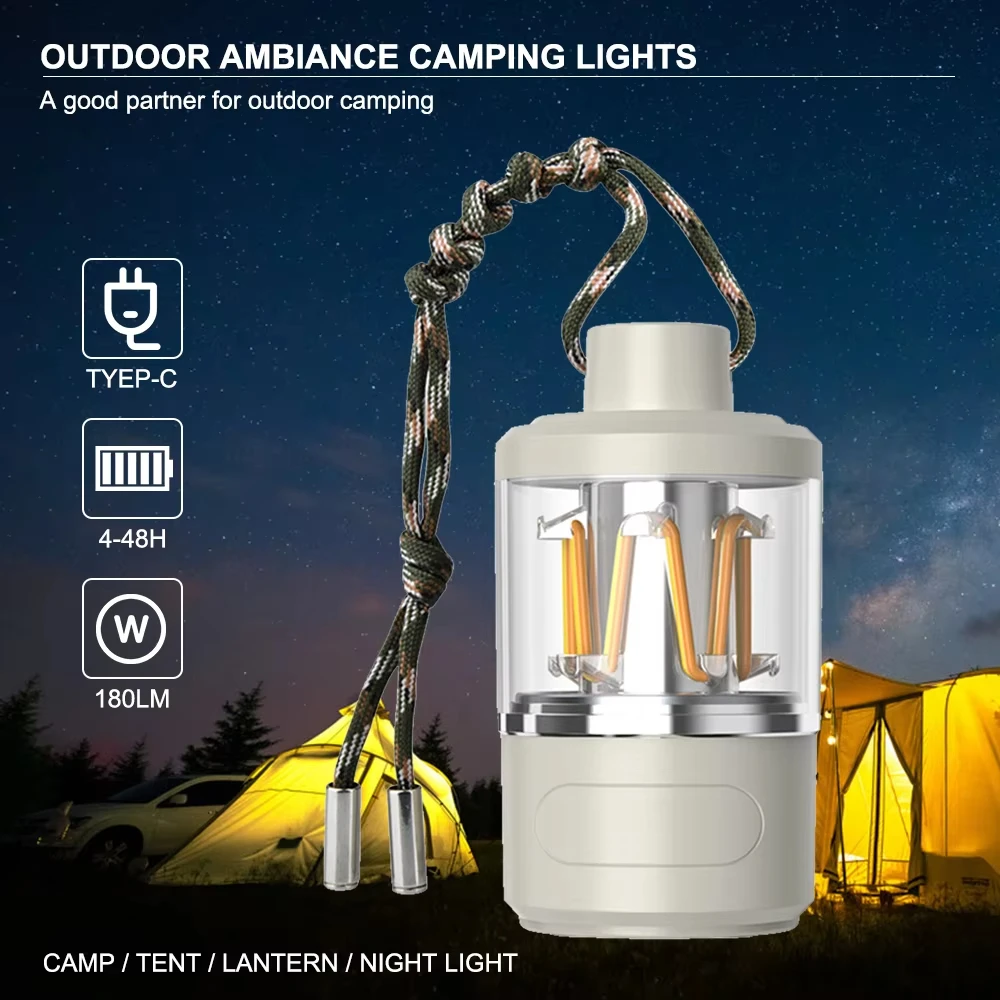 Portable Camping Light Type-C Rechargeable Powerful Atmosphere Light IP44 Waterproof Outdoor Tent Lantern for Hiking Fishing