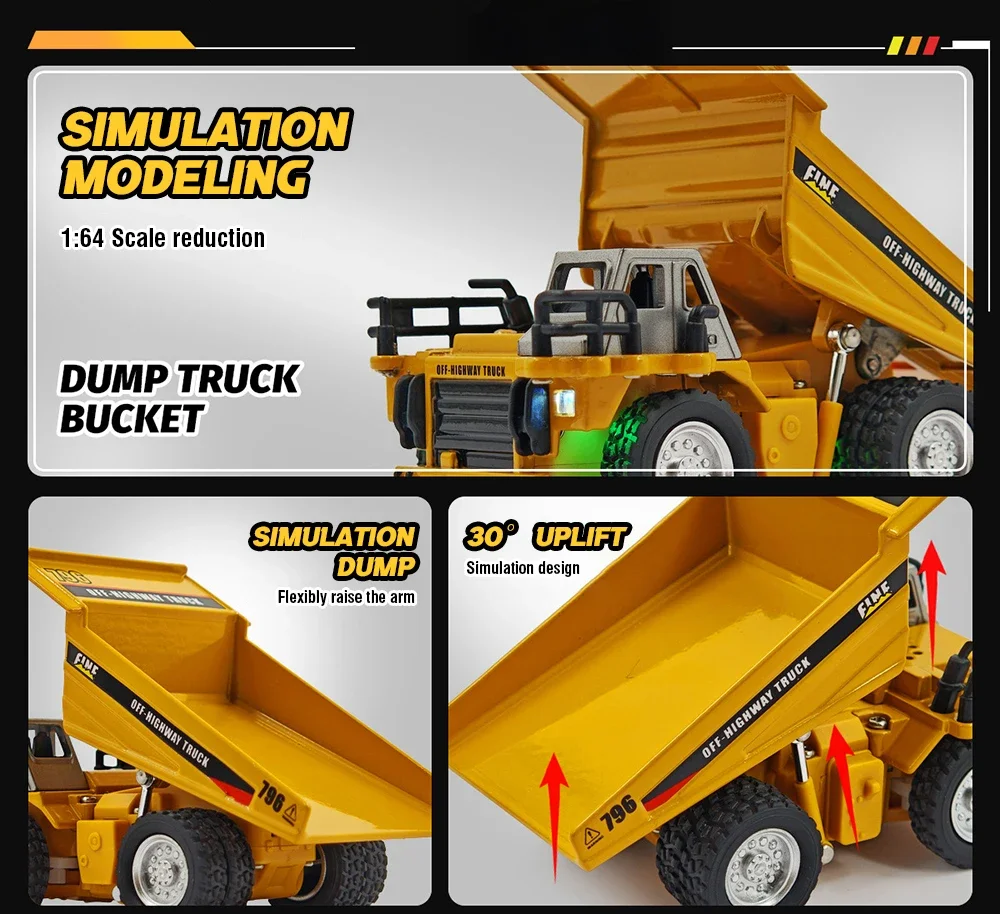 Camion Benne Télécommandés à 9 Canaux, RC Véhicules de Construction avec Lumières Sons pour Enfants Garçons - Jeux - Jouets