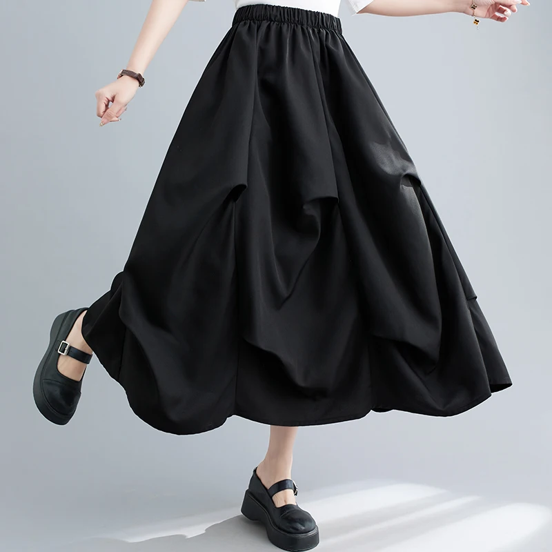 

Streetwear Folds Asymmetrical Black Long Skirt Women Spring Summer High Elastic Waisted Loose Ankle-length A-line Skirts Black