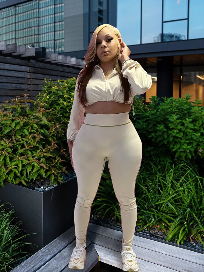 

Women Solid 2 Piece Set Tracksuits Long Sleeve Drawstring Zipper Crop Tops + High Waist Skinny Pants Fashion Casual Jogger Suits