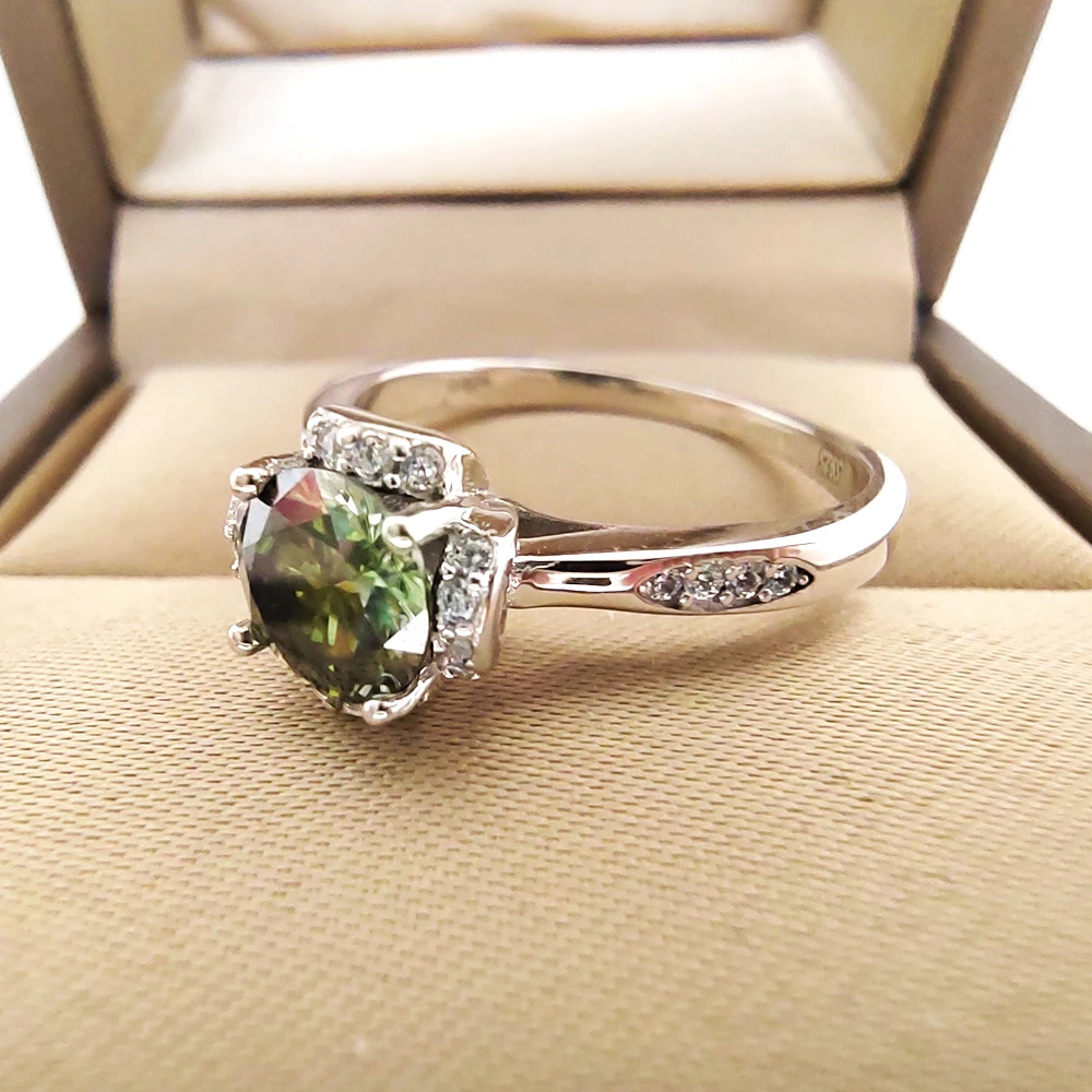 1CT Green Moissanite Silver Ring with Certificate 100% - S925 Women Jewelry Wedding Party Gift