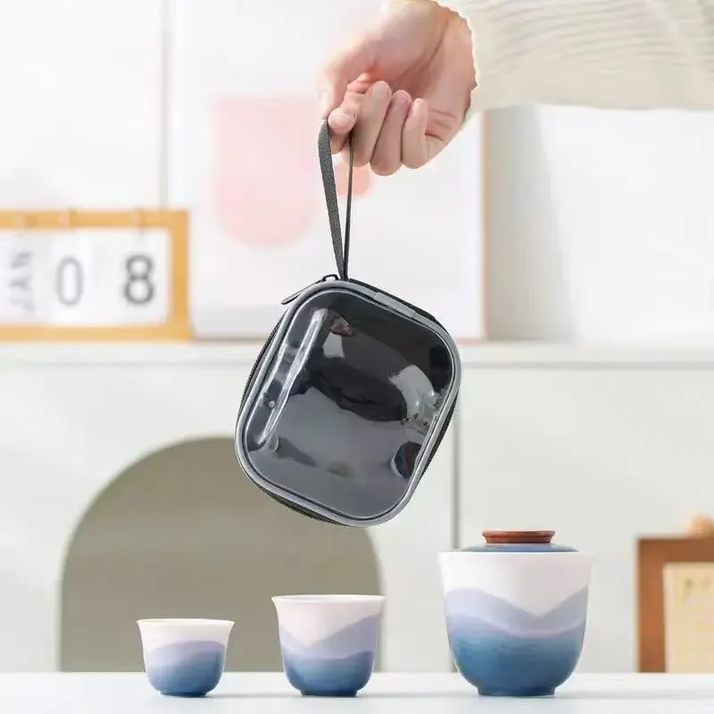 Travel Tea Set Kung Fu Tea Ceremony Colorful Unique Gift Outdoor Camping Portable Ceramic Quick Cup One Pot Two Cups Tea Cup