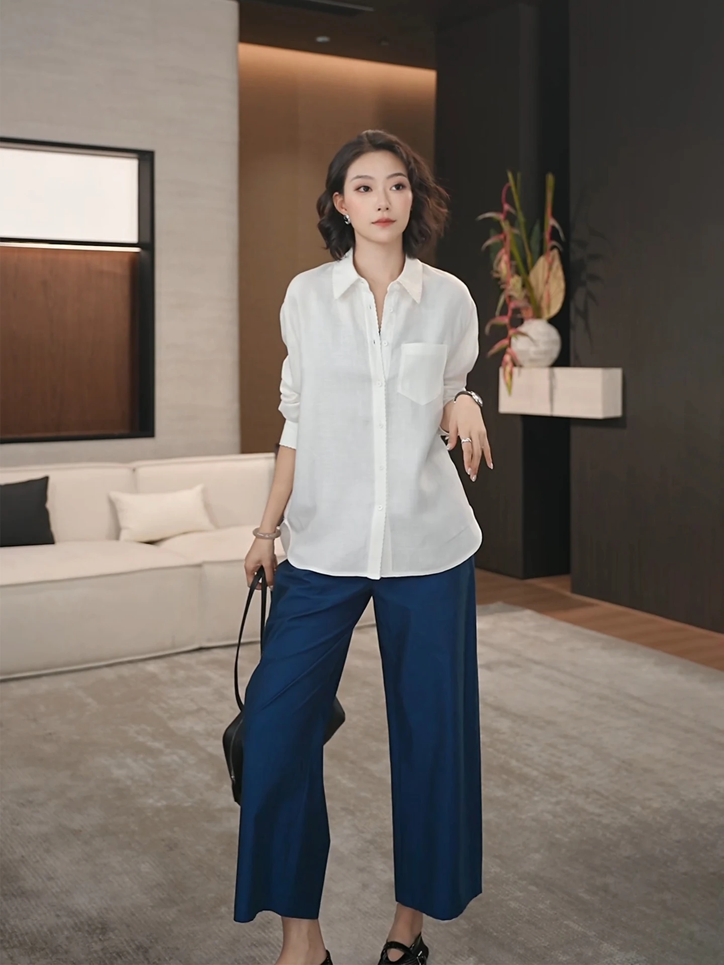 

White Linen Silk Loose Long Sve irt Women's Simple Sle Spring 2026 New Wave irt Breathable Comfortable Casual Wear