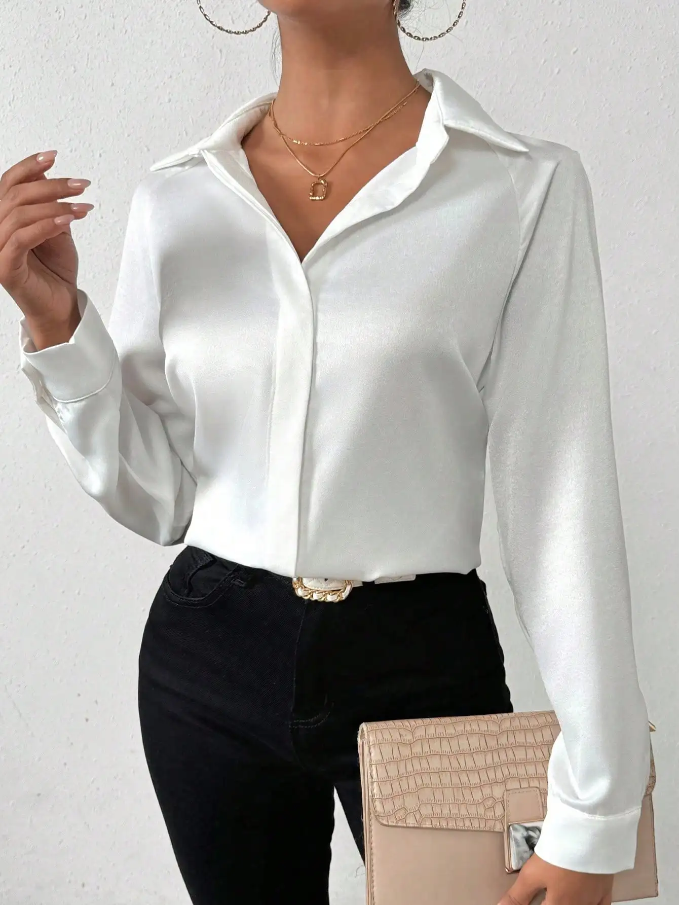 

White Satin Long Sleeve Shirt with Asymmetrical Hem, Slim Fit for Office or Casual Wear