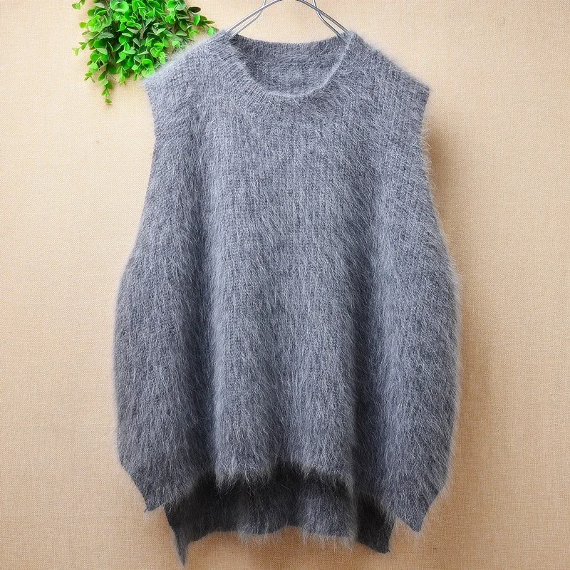 Fashion Ladies Women Spring Autumn Clothing Hairy Angora Rabbit Hair Knitted Sleeveless O-Neck Loose Pullover Sweater Vest Pull