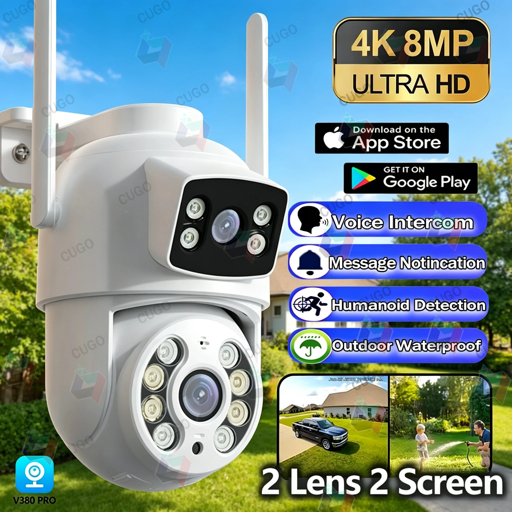 

4K 8МП Wi-Fi камера видеонаблюдения с двумя объективами, беспроводная PTZ IP-камера с ИИ-отслеживанием человека, двусторонней аудиосвязью и 10-кратным цифровым зумом