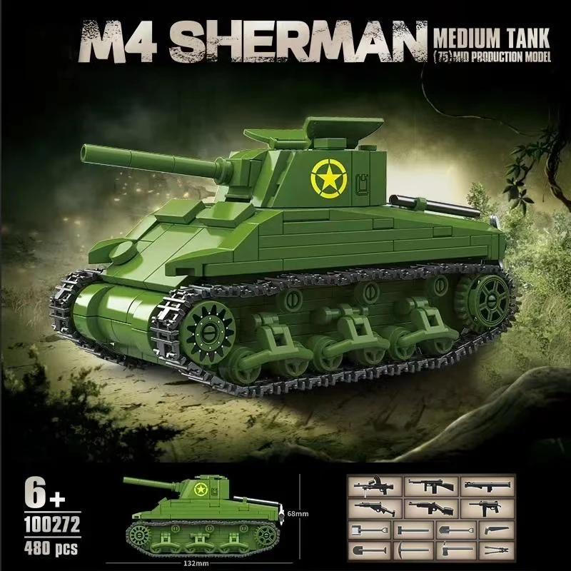 480PCS WW2 Military Weapons Classic Mini M4 Sherman Medium Tank Model Building Blocks Bricks World WarII Army Kids Toy Boy Gifts