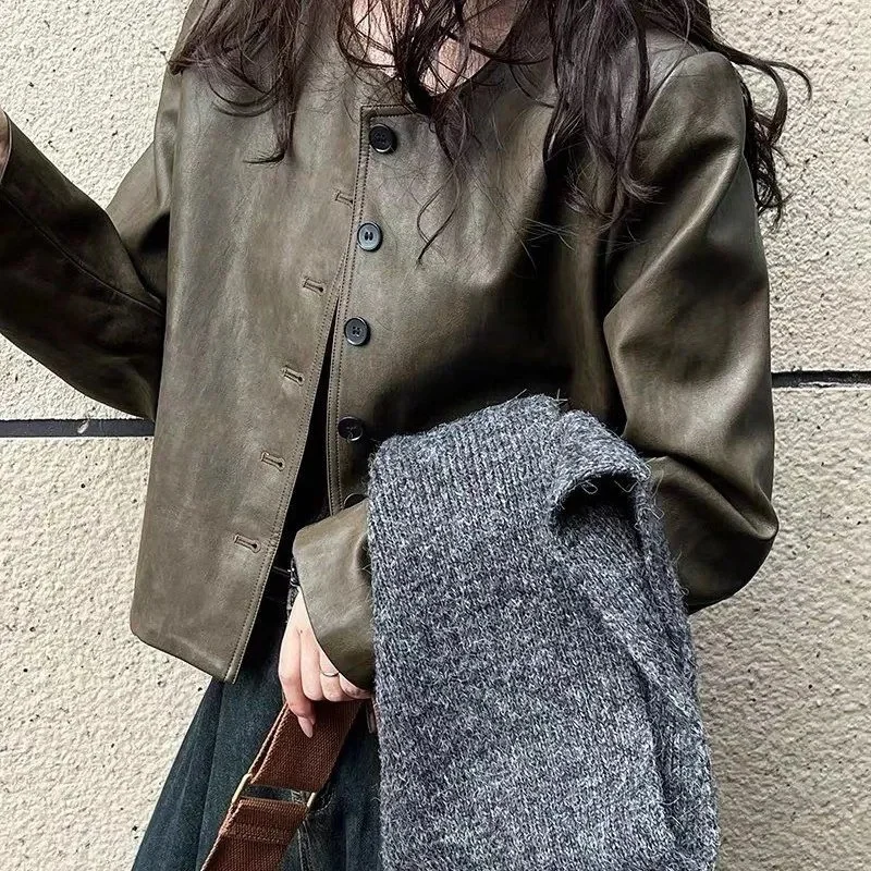 السترات النسائية جلد المرأة معطف قصير فضفاض الربيع والخريف مهرج واحدة الصدر بو دراجة نارية دعوى سترة جلدية المد