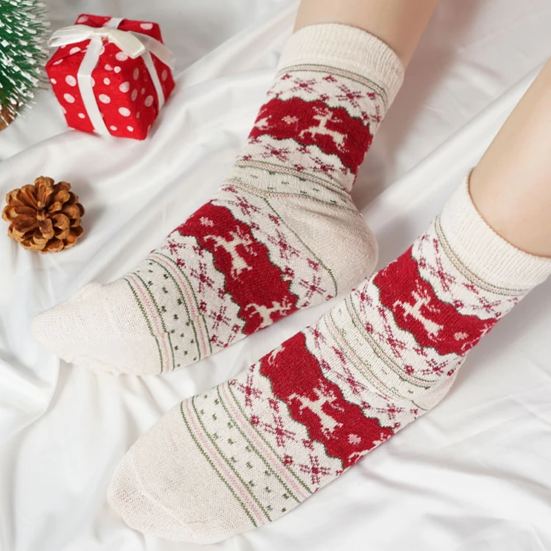 Autumn Winter Thickened Christmas Elk Socks Women's Printing Middle Tube Unisex Casual Breathable Socks Gift Thermal Hosiery