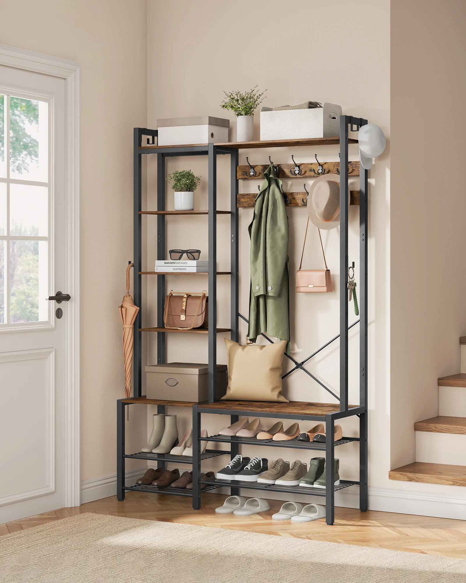 VASAGLE Hall Tree with Bench and Shoe Storage, Hallway Coat Rack with Shoe Bench and 5 Storage Shelves, 140 x 120 x 190 cm