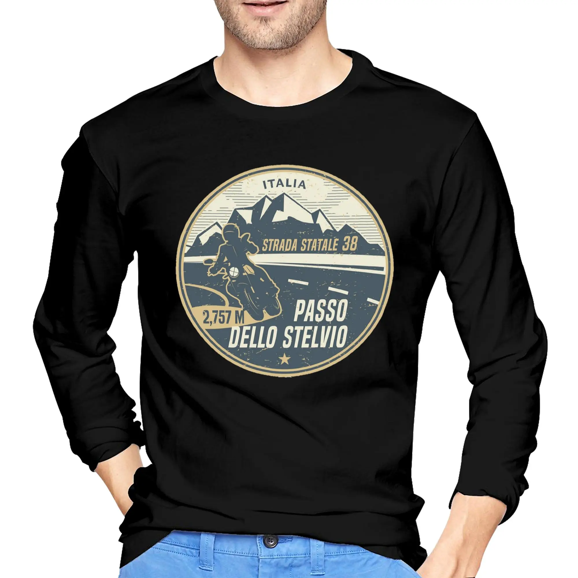 

Stelvio Pass, Италия (2) Мужская футболка с длинным рукавом Повседневные футболки с круглым вырезом Весенние и осенние мужские топы