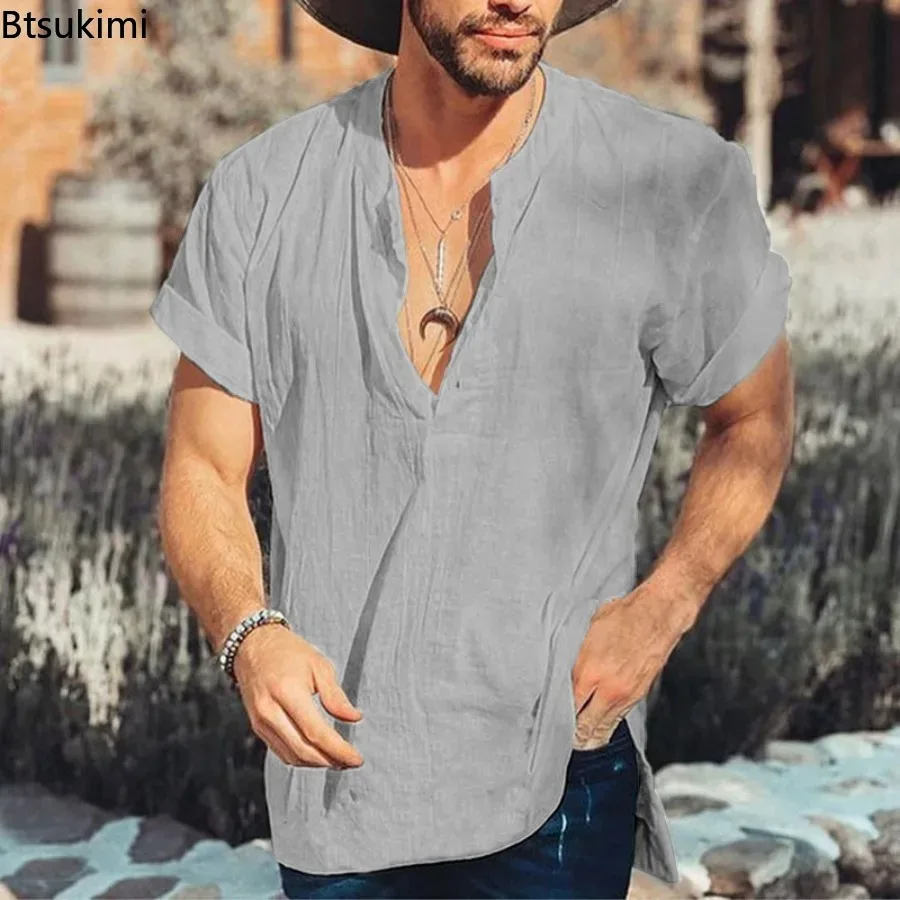 Camicie di lino in cotone semplice tinta unita estiva da uomo nuove Tendenza colletto alla coreana Pullover casual allentato Top Camicette per le vacanze quotidiane da uomo