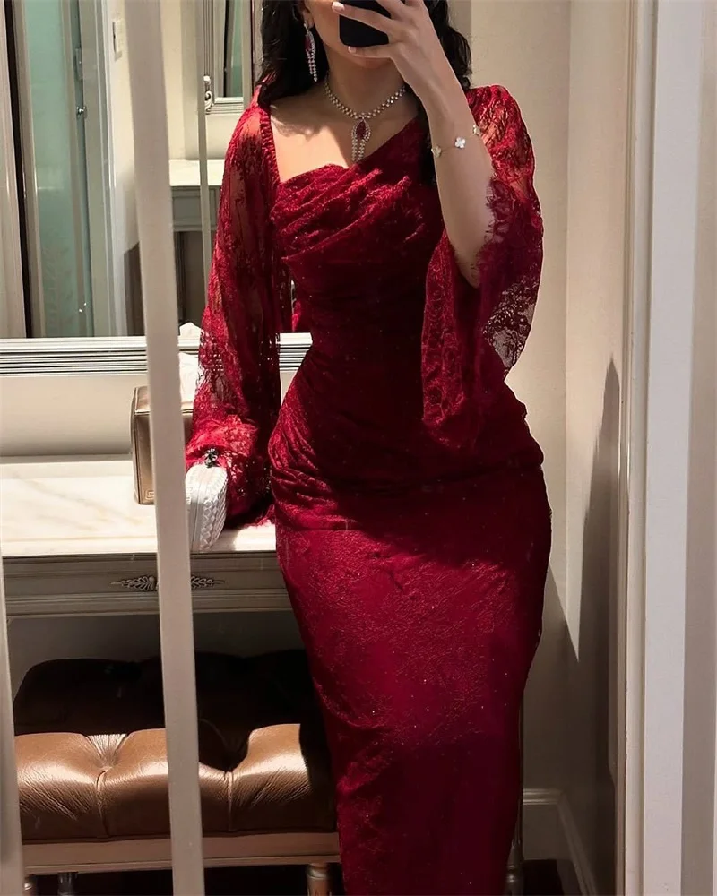 

Burgundy Lace Prom Dress Sexy One Shoulder Sleeveless Lace Crystals Long Sheath Formal Wedding Guest Robes Party Bridal Gown