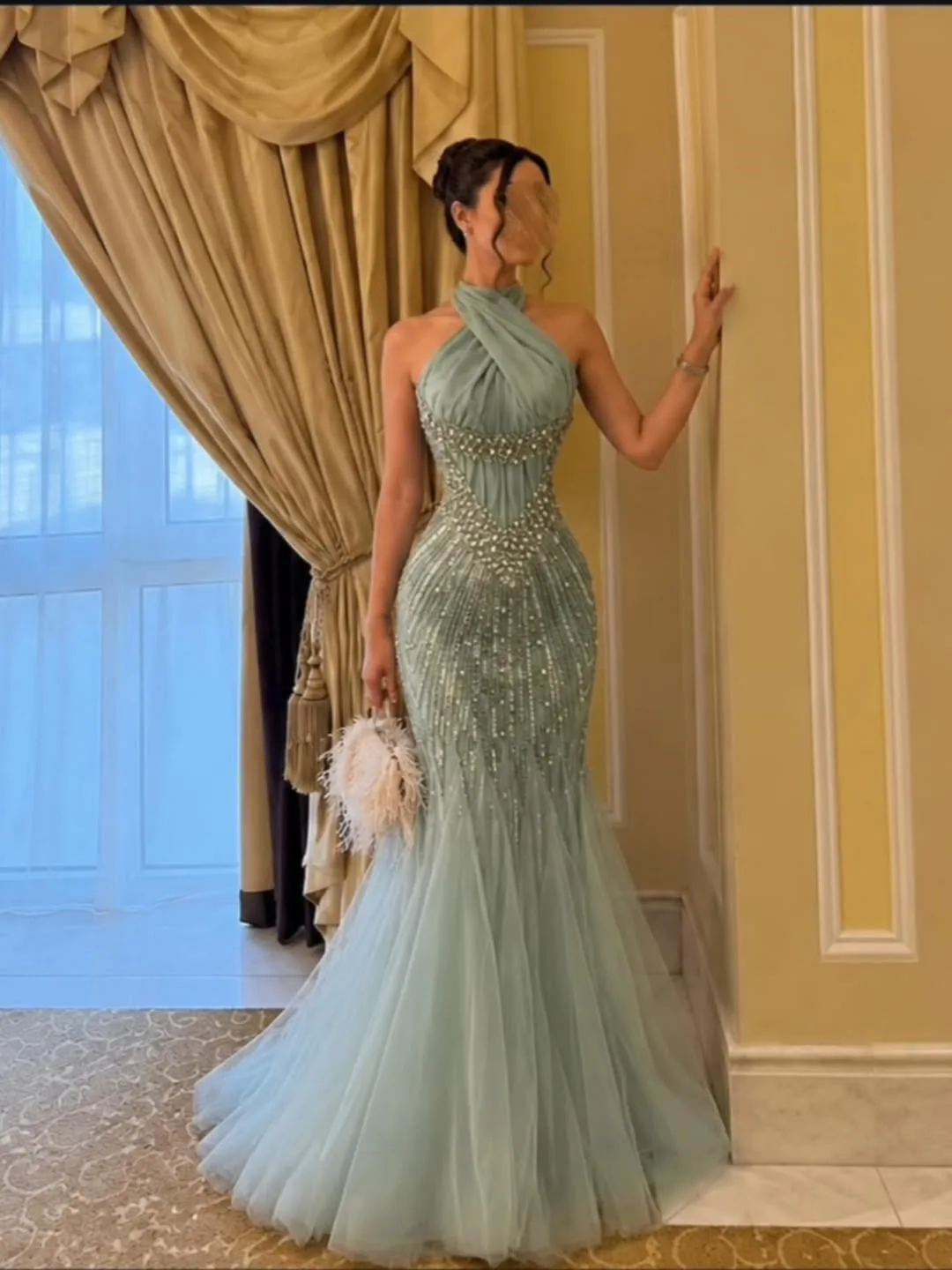 Customized Blue Halter Neck Sleeveless Beaded Tulle Mermaid Gowns Backless Floor Length Formal Occasion PromDresses