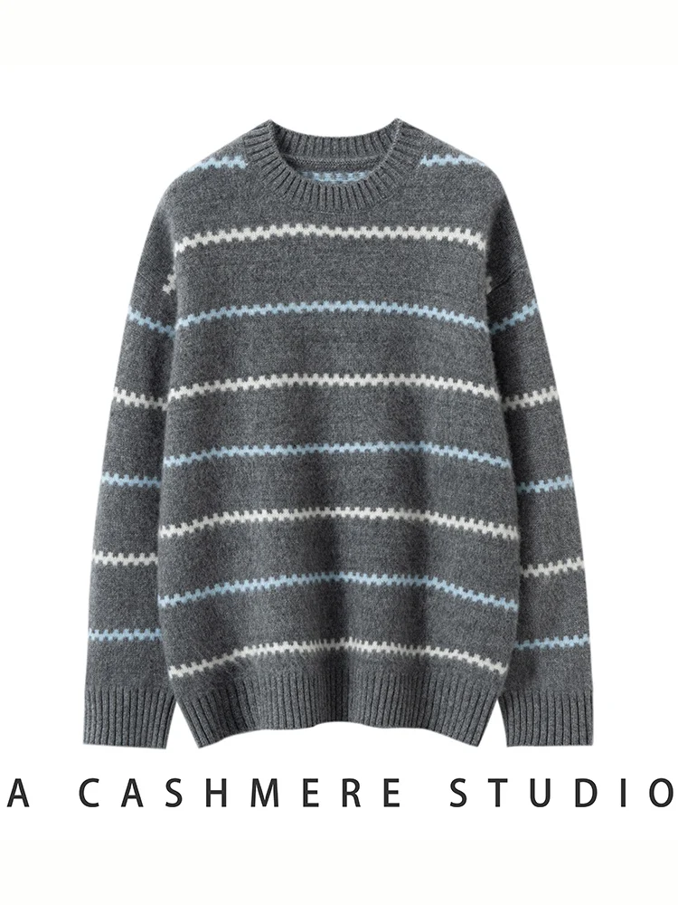 

TLOML женский 100% кашемировый трикотаж в стиле ретро, свободный пуловер с круглым вырезом в цветную полоску, осенне-зимний свитер, мягкие теплые повседневные утепленные топы