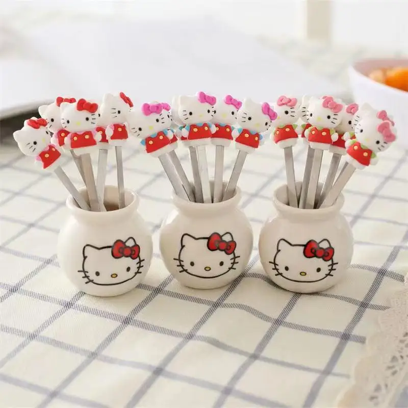 

Кавайные аксессуары Sanrio Hello Kittys, мультяшная силиконовая вилка для фруктов, милый креативный набор вилок для торта, подарок для девочек