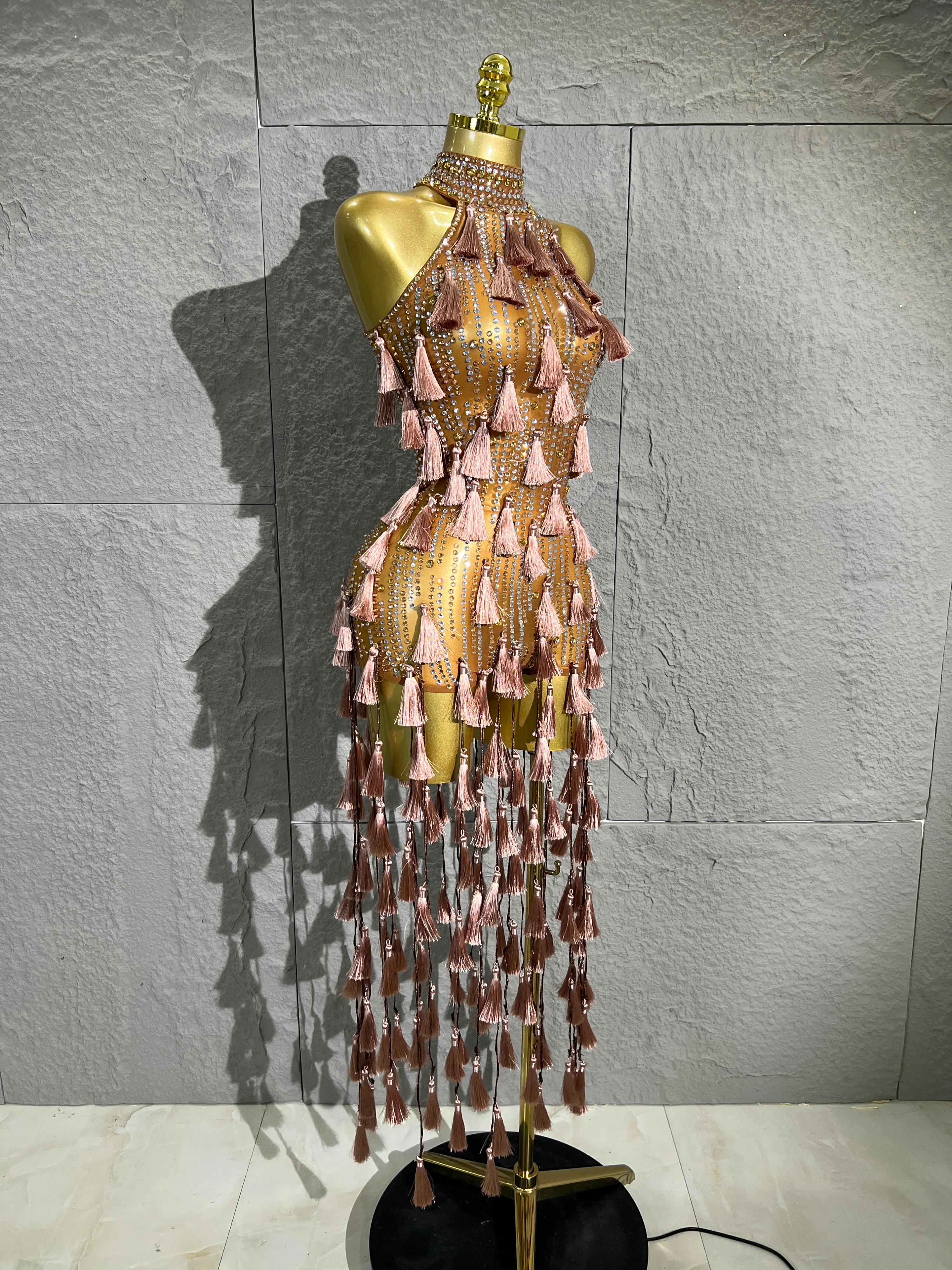 Women High collar Rhinestone Tassel One-piece suit Sleeveless Sparkly Crystals BodyconStage Club Dance Party Performance Outfit