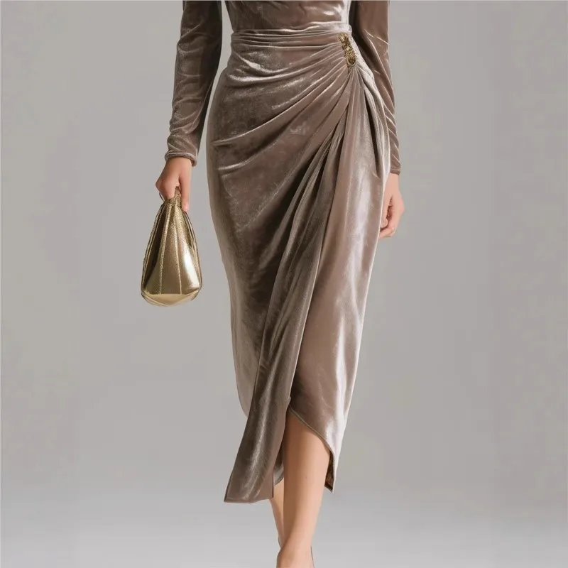 فستان ريترو أنيق مخملي امرأة سليم مطوي فستان الحفلات كم طويل طول الأرض شق Bodycon فستان الزفاف ضيف مكتب سيدة #5