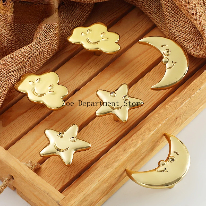 Solid brass moon knob Golden smile star cabinet door handle Cloud drawer pull Unique dresser pull Kitchen knob Furniture knob