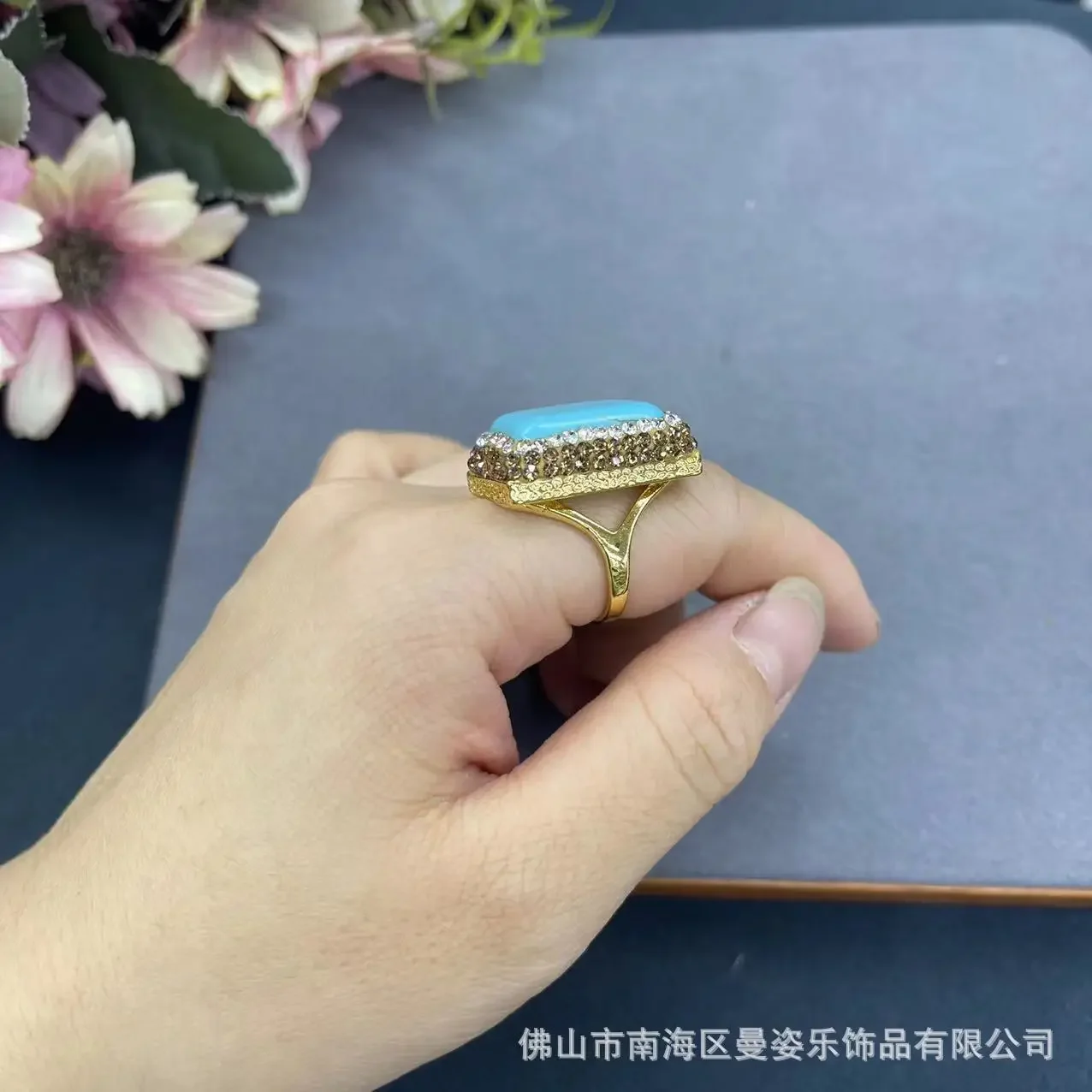 Turquoise clay inlaid with handmade point diamonds, adjustable ring, new Chinese live broadcast hot-selling niche jewelry