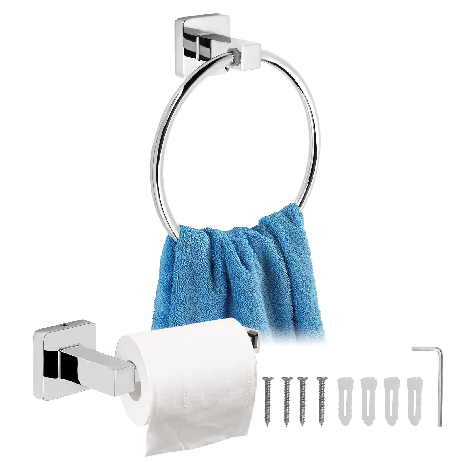 2X Stainless Steel Toilet Roll Holder and Towel Ring Set Bathroom Wall Mounted