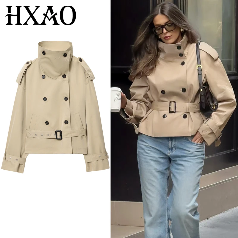 HXAO Crop Khaki Windbreaker Women's Jacket Autumn Fashion Stand Collar Long Sleeve Trench Coat Double-Breasted Belt Outerwears