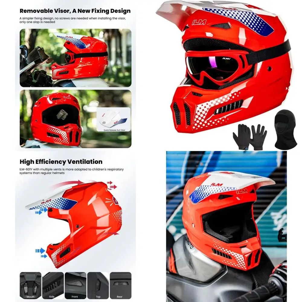 

Youth Dirt Bike Helmet with Goggles, Gloves, and Mask for ATV, BMX, and Off-Road Riding (Popart Red, Youth-Large)