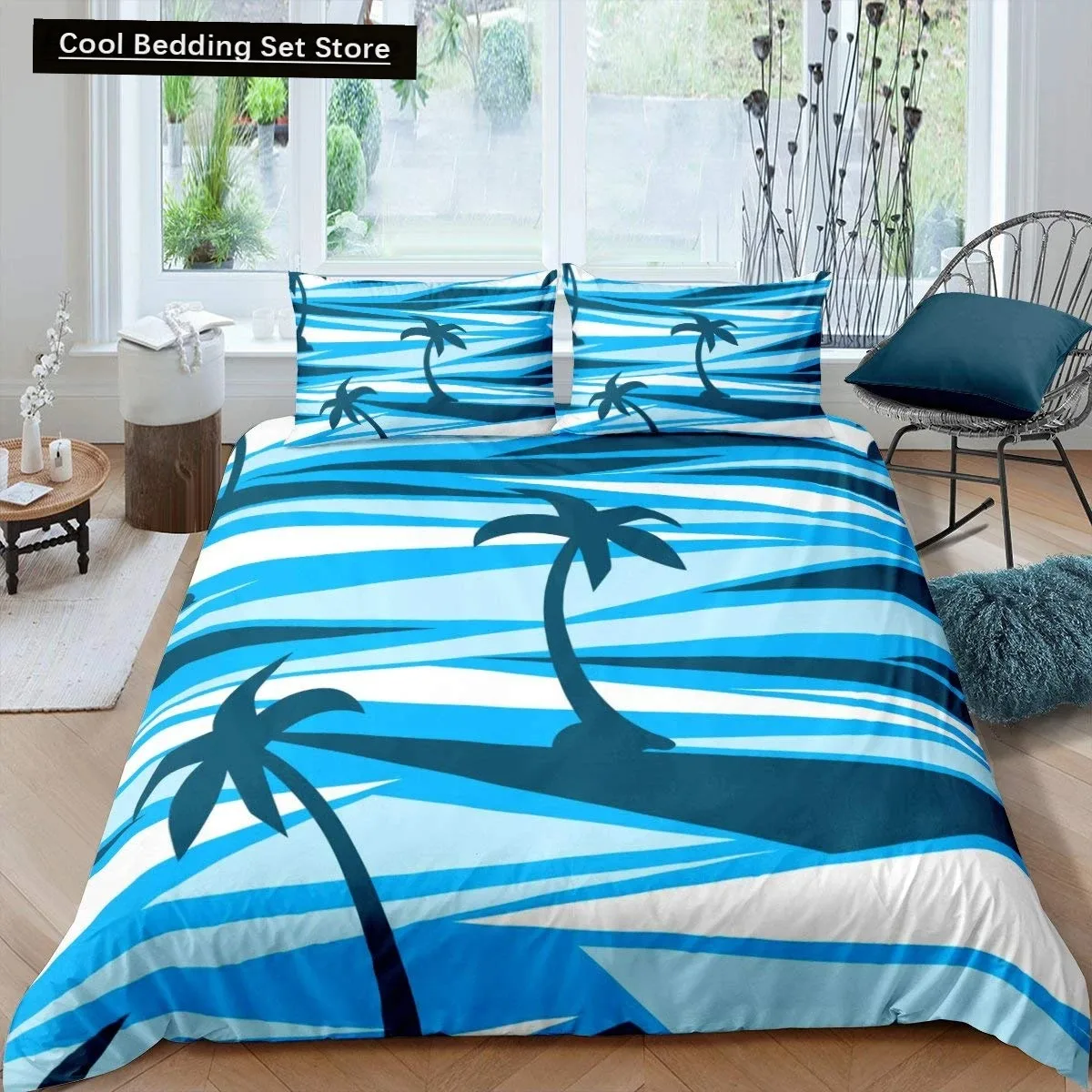 Coconut Palm Tree King Queen Duvet Cover Nautical Bedding Set Watercolor Sailboat Hawaii Quilt Cover Polyester Comforter Cover