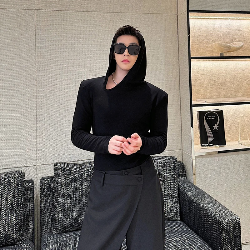 

SYUHGFA 2024 Spring Men Clothing Male T-shirt Niche Design Hooded Long Sleeve Top Tight Irregular Slanted Neckline Shoulder Pads