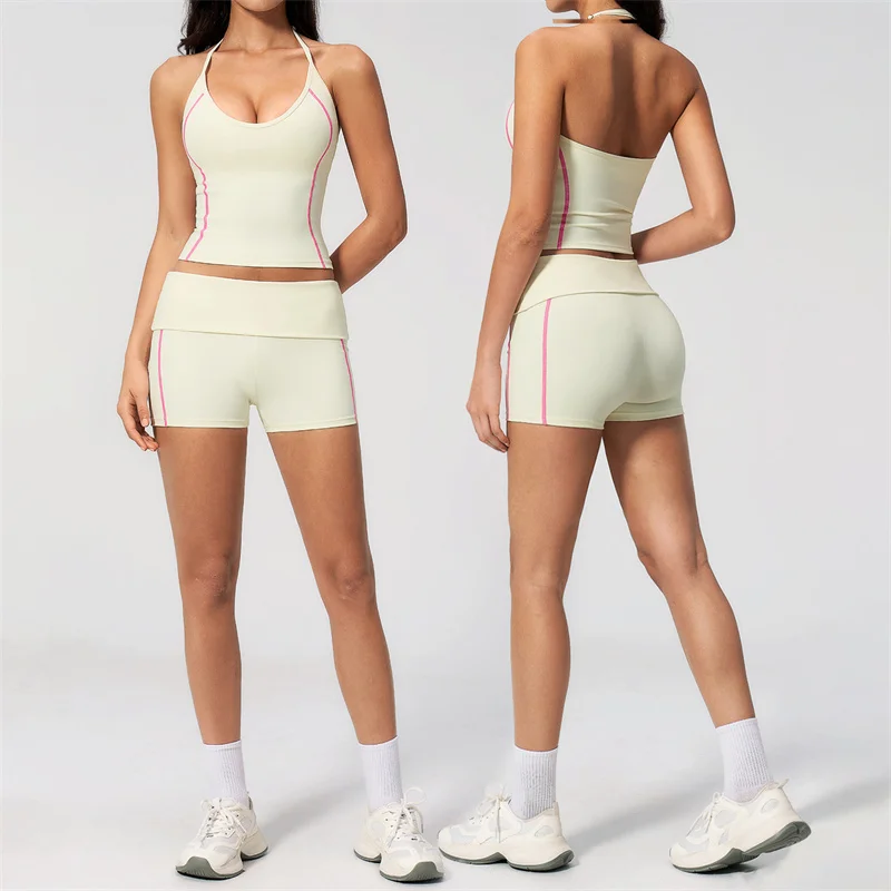 TRY TO BN Conjunto Deportivo Corto de Dos Piezas para Mujer en Colores Contrastantes, Top Deportivo con Cuello Halter, Ropa para Fitness, Running, Entrenamiento y Yoga