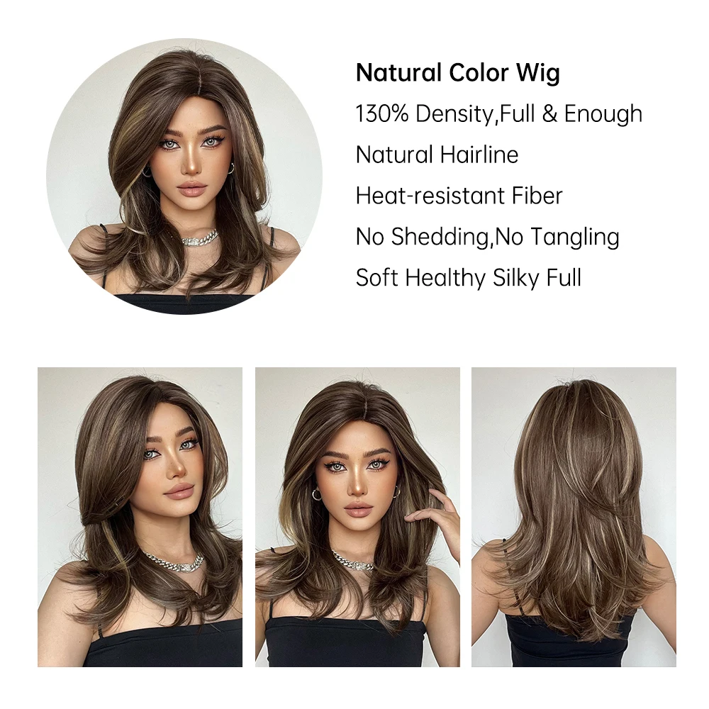 City Ladies Style Medium Short Synthetic Wigs Ombre Brown Hair Wig with Side Bangs for Girls and Women Daily Use Wear Natural