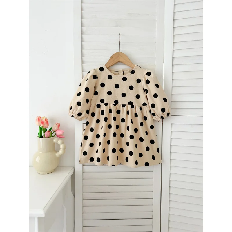 

Autumn Girls' Dress Cute Pastoral Style Dot Print Long Sleeve Round Neck Korean Style